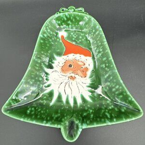 Vintage Lefton Winking Santa Ceramic Green Bell Candy Nut Dish Christmas MCM